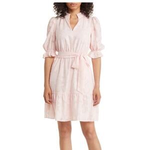 Eliza J Blush Pink Puff Sleeve Jacquard Waist Tie Ruffle Mini Dress Size 6